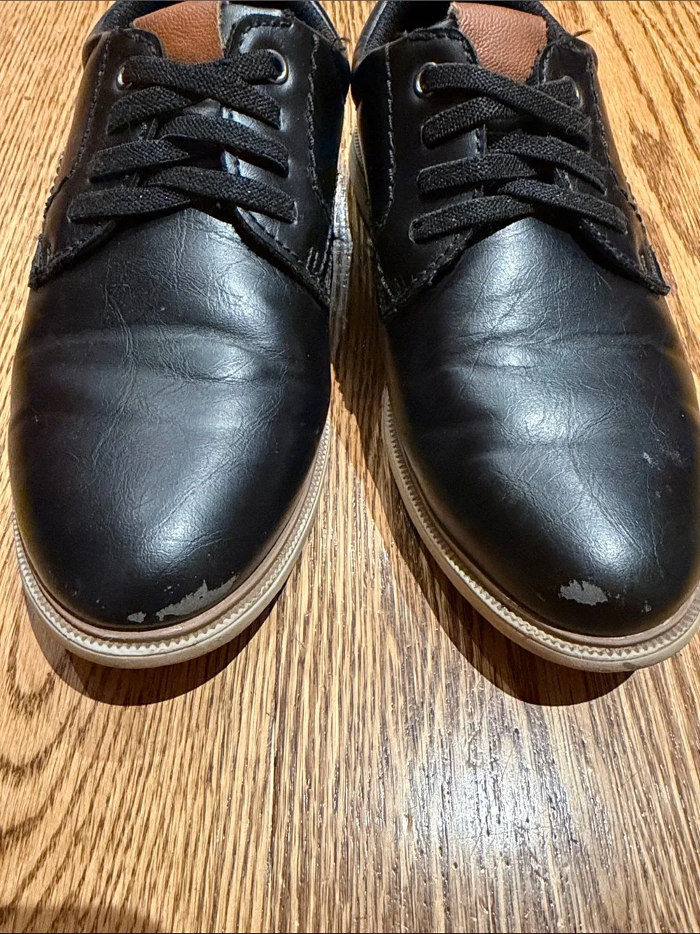 Boys Black Leather Laced Slip On Dress Shoes with Tan Accent size 1M